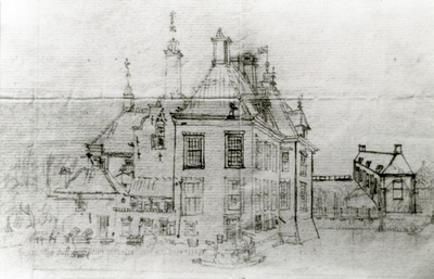 1095-40-0928 Potlood/pentekening van de hand van Jan de Beijer van havezate De Boedelhof met bijgebouwen