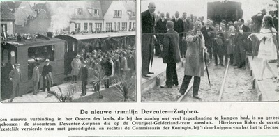 1095-40-0993 De tramlijn Deventer-Zutphen werd feestelijk geopend. Op de rechterfoto knipt de CdK Schelto baron van ...