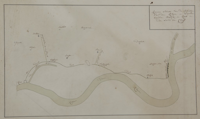 211 Ruuwe schets van de situatie van den Rhijn en dijcken tusschen Bislyk en Rees in de lande van Cleef, [ca. 1775]