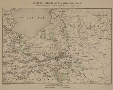 13 Kaart van Gelderland en omliggende streken : aanwijzende de plaatsen waar hoopen ijzerslakken worden gevonden, 1858