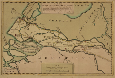 19 Carte de deux voies militaires des Romains ou grands chemins dan l'Isle des Bataves..., [1734]