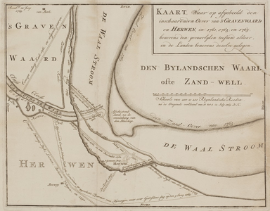 1186 Kaart waar op afgebeeld den inschaarenden oever van 'sGravenwaard en Herwen in 1761, 1763 en 1765..., 1765