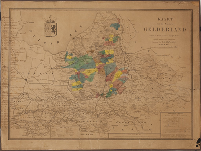 195 Kaart van Gelderland : verdeeld in arrondissementen en regterlijke kantons volgens de nieuwste bronnen samengesteld, 1859