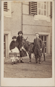1627-0594 Sara A.M.C. (1851-1925), George (1856-1983) en Sophia W. van Heeckeren van Kell (1856-1938) met een ezel voor ...