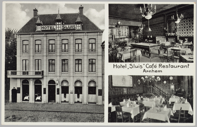 1880 Hotel Sluis Cafe Restaurant Arnhem (Het hotel is geopend tot na aankomst van den laatsten trein), ca. 1910
