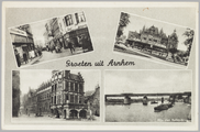 5446 Groeten uit Arnhem, Vijzelstraat, Musis Sacrum, Stadhuis, Rijn met Balley-brug, ca. 1950