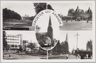 5465 Groeten uit Arnhem Janssingel, Musis Sacrum, Willemsplein, Velperplein, Steenstraat (midden), 1951-07-23