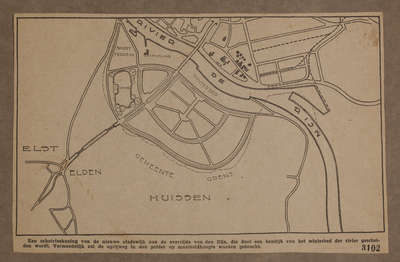 582 Een schetsteekening van de nieuwe stadswijk aan de overzijde van den Rijn, die door een bandijk van het waterbed ...