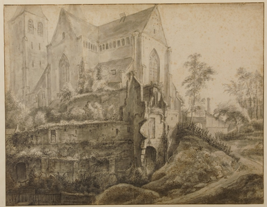 206 Aernem aende Vest : St. Walburghs Kerk te Arnhem van achteren te zien aan de Oude Wal, ca. 1640-1650