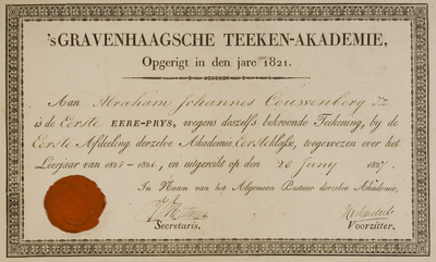 2763 Ereprijstoewijzing aan Abraham Johannes Couwenberg 1827, 1827