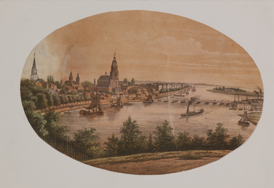 87 Gezicht op de stad Arnhem en de schipbrug vanaf de zuidelijk Rijnoever, [1874]
