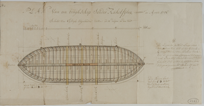 2896 Plan van een brughschip sonder kakelfijten. Tekening van een schip voor de schipbrug te Westervoort, 1756