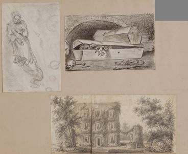 3664 Het huis van Wiertz en twee tekeningen naar schilderijen van Wiertz, 1857