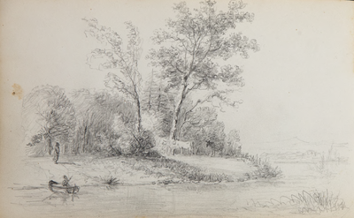 89.03-0014 Landschap met mensen, bomen en vee aan het water, 1850-1860