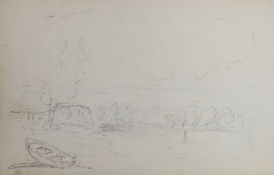 89.03-0019 Schets van een landschap met huisjes, bomen en een bootje, 1850-1860