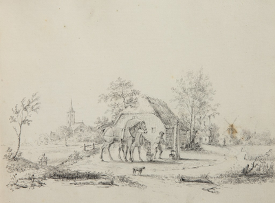 89.04-0003 Man met paard bij waterpomp, met op de achtergrond kerk, huizen en een molen, 1850-1860