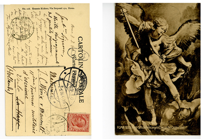 145-0014 Prentbriefkaart ingekomen bij Anthonie P. Wirix en Justine C. van Mansvelt, 1905-1929