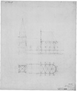 349-0021 Driel, boven- en zijaanzicht van het kerkgebouw, Juli 1915