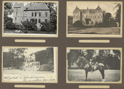 39-0001 Vier prentbriefkaarten van verschillende kastelen en militair te paard, waarschijnlijk een huzaar, 1900-1910