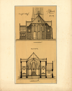 191 Kerk v.d. H. Willibrordus te Kleinemeer A. Dom 1871 : Aanzicht der oostzijde, doorsnede / C.H. Peters