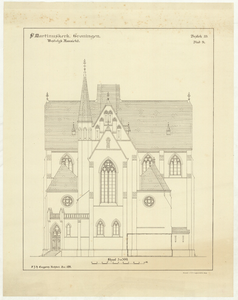 2732 St. Martinuskerk Groningen. Westelijk aanzicht : Het gebouw in opstand / P.J.H. Cuypers, architect ; lith. W.R. ...