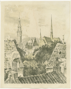 3639 Het Academiegebouw en St.-Martinuskerk gezien vanuit een bovenraam aan de Stoeldraaierstraat / Evert Musch, 1940-1980