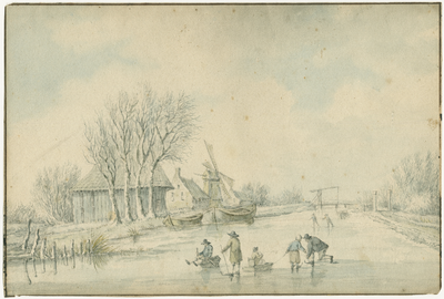 3901 Gezigt op de Foxholsterklap : In de winter, met schaatsers en twee sleeën / Egbert van Marum, 1770-1815