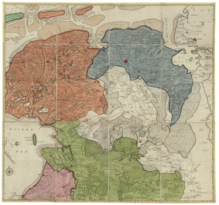 5164 Kaart van Friesland, Groningen, Drenthe en een deel van Overijssel. 12 stukken op linnen geplakt, gradenverdeling ...