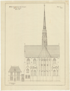 6762 St. Martinuskerk Groningen. Oostelijk aanzicht : schaal 1 a 100 : - / P.J.H. Cuypers, architect ; lith. W.R. ...