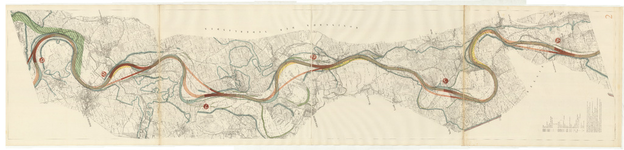 7159 2 : Kaart van de Maas waarop o.a. is aangegeven de overloopgebieden, de loop van de gekanaliseerde rivier, dammen ...