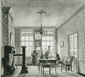 9961 Aquarel : leskamer Academie Minerva in 1836 : Oude Kijk in 't Jatstraat westzijde , zj