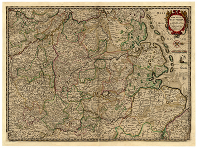 42 Nova Totius Westphaliae : Kaart van het ‘natuurlijke achterland’ van Groningen: Westfalen. De kaart met het noorden ...