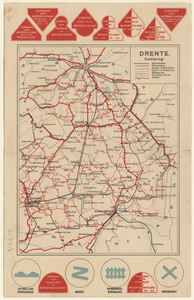 2124.2 Drente : Reclame fietskaart van Drenthe met boven en onder afbeeldingen van verkeersborden, 1929