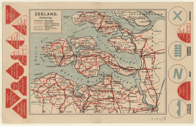 2124.8 Zeeland : Reclame fietskaart van Zeeland met rechts en links afbeeldingen van verkeersborden, 1929