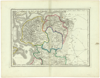 2333 Kaart van Groningen, Friesland, Drenthe en een deel van Overijssel. Met gradenverdeling in de rand. Linksboven: ...