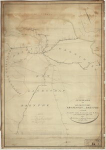 2516 Itineraire van de provincien Groningen en Drenthe vertonende de groote wegen no. 1, 9 en 13 als mede de ...