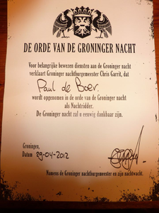 10124 Document van opname Paul de Boer als Nachtridder in de orde van de Groninger nacht door ...