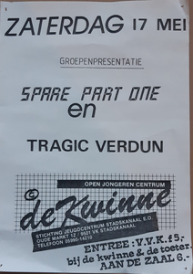 10176 Open Jongeren Centrum De Kwinne : aankondiging groepenpresentatie Spare Part One en Tragic Verdun