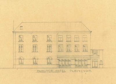 A17 Gezicht op het v.m Munsterhotel hoek Steenweg-Munsterplein nu (1974) de Gruyter, 1920