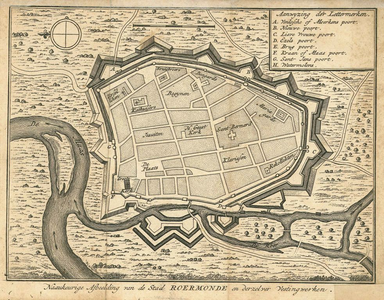 A23 Plattegrond van Roermond met muren en vestingwerken en aanduiding der plaats en naam van geestelijke gebouwen – Met ...