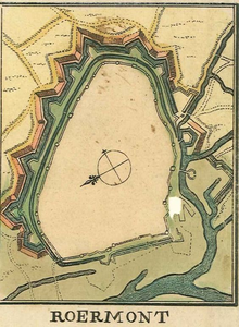 A46 Plattegrond der vestingwerken van Roermond – met twee geprojecteerde nieuwe ravenlijnen, c.1700
