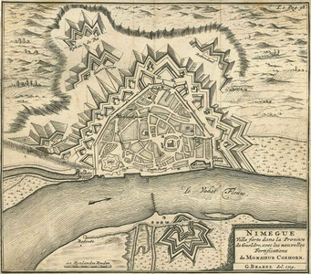 A6 Plattegrond van Nijmegen en het fort Knotsenberg met de nieuwe vestingwerken van Coehorn. Schaal in Rijnlandse ...
