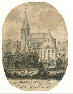 A7 Gezicht op de kerk te Swalmen en de rivier de Swalm ( ovale vorm), 1825