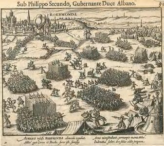 B27 Aanval van het leger van de prins van Oranje op Roermond in juli 1572 Met gedicht in het Latijn, c.1580