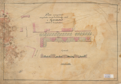 C201 Verdeling van percelen aan de Zwartbroekerwal – Schaal 1:1000 met beneden de opstand van de te bouwen woningen, 1869