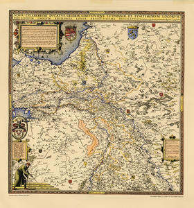 D124 Top. kaart van het hertogdom Gelre en graafschap Zutphen – Met de wapens van Gelre en Spanje(linksboven) de kaart ...