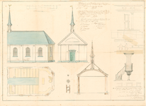 D162 Plattegrond, aanzichten en doorsneden voor een aanbesteding van 3 nieuw te bouwen protestantse kerken resp. te ...