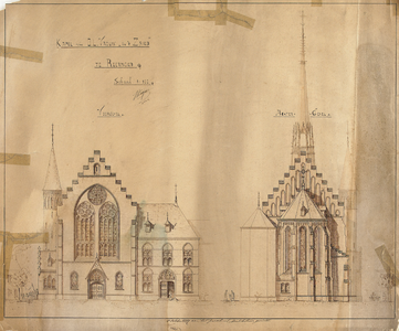 D206 Bouwtekening voorstellende de voor- en achtergevel van de kapel – schaal 1:100, 1887