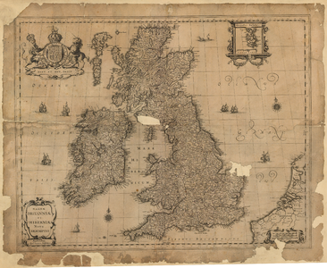 D56 Landkaart van Groot-Brittanie en ierland – diverse schalen – linksboven het wapen en de spreuk van de Engelse ...
