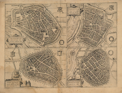 D58 Plattegrond in vogelvlucht der binnenstad van Arnhem -Zie ook D31- Het zijn 4 afbeeldingen op één kaart, c.1616